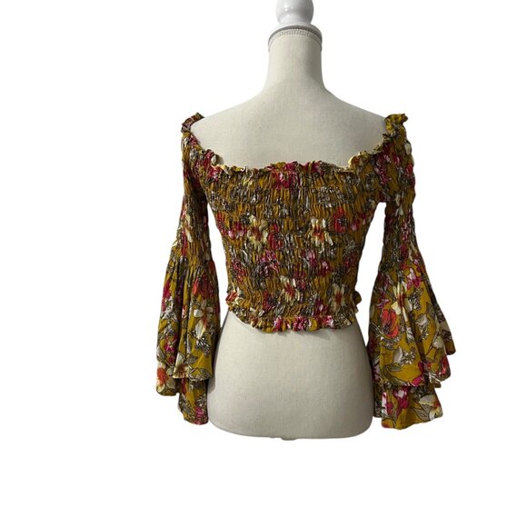 ETwo Floral Smocked Off Shoulder Bell Sleeve Fairy Cottage Boho‎ Crop Top  S - Picture 4 of 10
